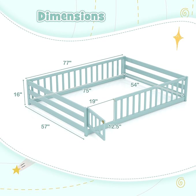 KOMFOTT Full Size Wood Floor Bed with Door & Fence, Montessori Bed Frame with Full Length Safety Guardrails, Door & Latch, Wooden Montessori Floor Bed for Kids, Girls, Boys (Full,Green)
