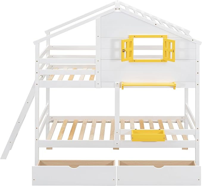 MERITLINE Twin Over Twin House Bunk Bed with Storage Drawers and Storage Box, Solid Wood Bunk Bed with Ladder,Shelf and Roof (White)
