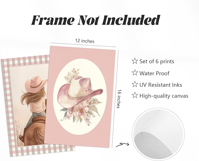 Western Cowgirl Nursery Wall Art Decor Vintage Girl Room Canvas Poster Pink Coquette Nursery Art Prints Preppy Aesthetic Pictures Bow Floral Boots Artwork for Girls Bedroom 12x16 Inch Unframed 6Pcs