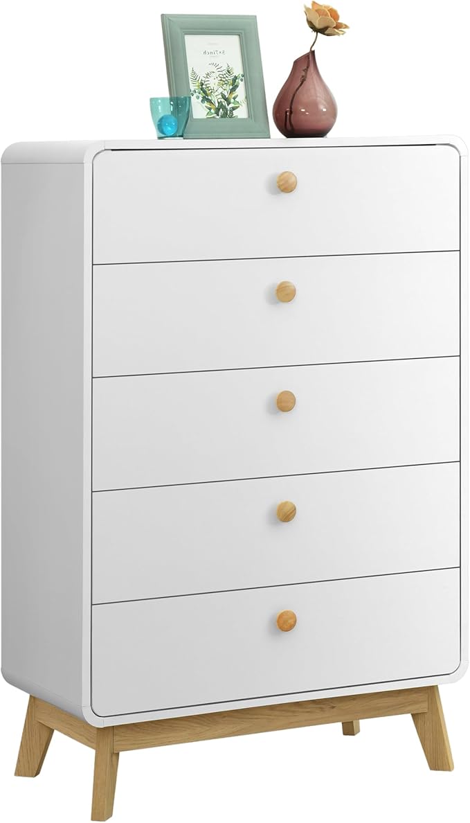 ELISA HOME Aries 5 Drawer Chest for Bedroom, Modern Wide Chest of Drawers, Wood Storage Organizer for Clothes, Entryway, Hallway, Nursery or Living Room, White