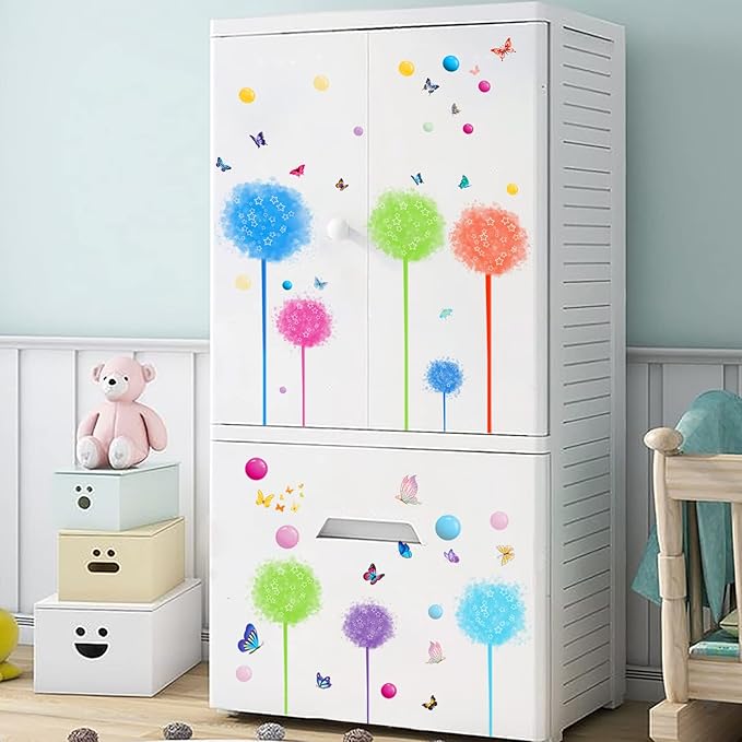 2 Set Dandelion Wildflower Wall Decals Art, Wall Art Stickers Peel and Stick Floral Butterflies Flying Decor for Girls Kids Women Baby Nursery Room Bedroom Bathroom Sofa Backdrop TV(Colorful)
