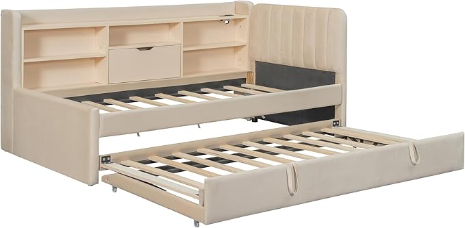 Twin Size Daybed with Trundle and Storage L-Shaped Bookshelf Headboard, Velvet Upholstered Soft Corner Bed with Charging Station and Shelves for Kids Boys Girls, Beige