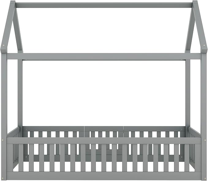 Bellemave Twin House Bed for Kids, Wooden Kids bedframe with Rails and Storage, Montessori Floor beds, Gray with Door no slats