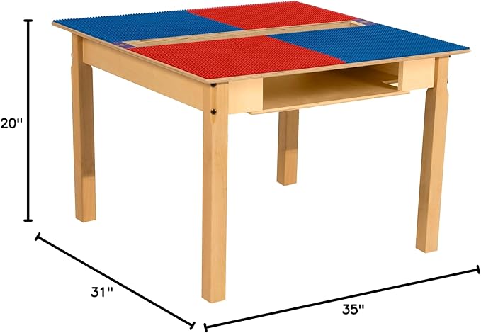 Contender Time-2-Play 35" Square Plywood Red & Blue Lego Compatible Blocks Play Table, Solid Wood Square Table with Trough and Shelf for Playroom with 20" Long Legs in Natural Color, UV Finish