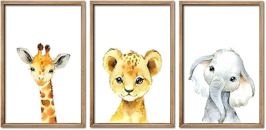 YWJKWLGS Baby Safari Nursery Wall Decor 16"x24" Set of 3 Cute Animal Giraffe Elephant Lion Prints Sign Wood Framed for Children's Room Wall Art (Wood)