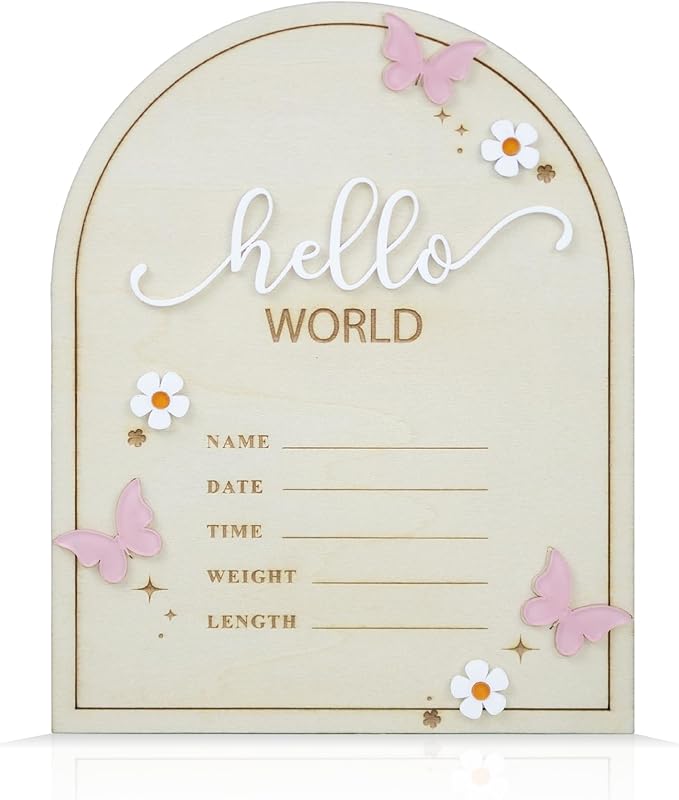 Baby Announcement Sign 6.5 Inch Wooden Hello World Newborn Welcome Sign Birth Name Plaques for Photo Props Shower Hospital Nursery (Butterfly)