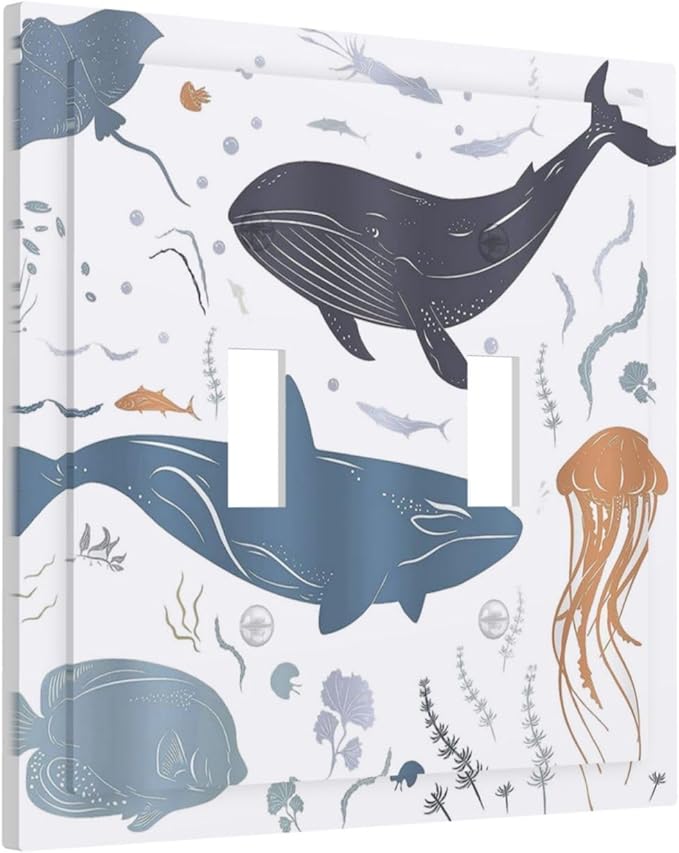 Kids Sea Animal Decorative 2 Gang Light Switch Plate Cover Double Toggle Wall Plate Decorative Switchplate Electrical Faceplate for Nursery Kidsroom Bedroom Decor