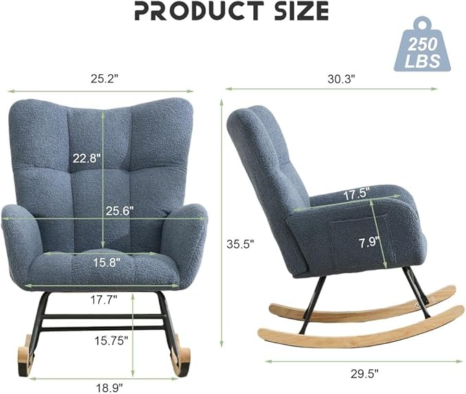 Nursery Rocking Chair Teddy Upholstered Glider Rocker Rocker Accent Chair with High Backrest Armchair Comfy Side Pocket Modern Rocking Accent Chairs for Living Room, Nursery, Office-Navy