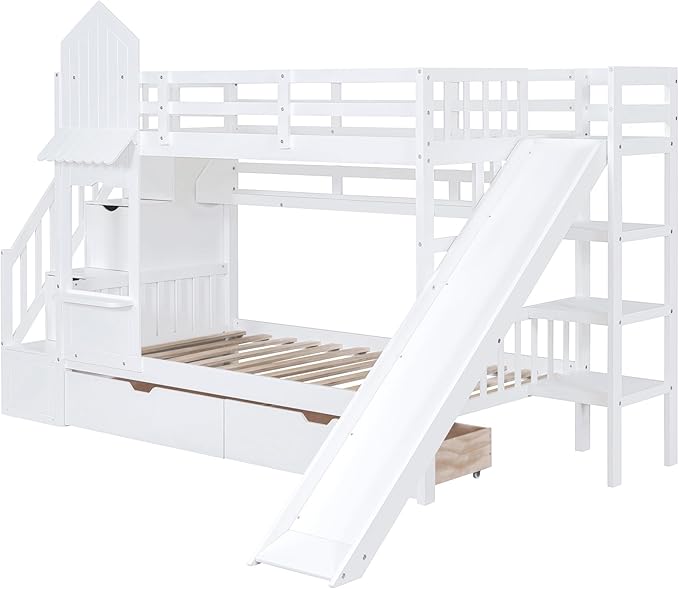Twin-Over-Twin Castle Style Bunk Bed with 2 Drawers and 3 Shelves, Wood Bunk Bed Frame with Slide and Storage Staircase for Kids Teens Boys Girls, Maximize Space Savings