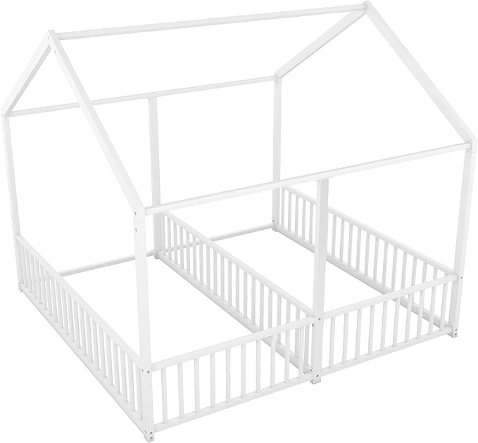 Harper & Bright Designs Metal Twin Size House Platform Bed Frame for Boys Girls Kids Adults Toddler, Two Shared Beds, White