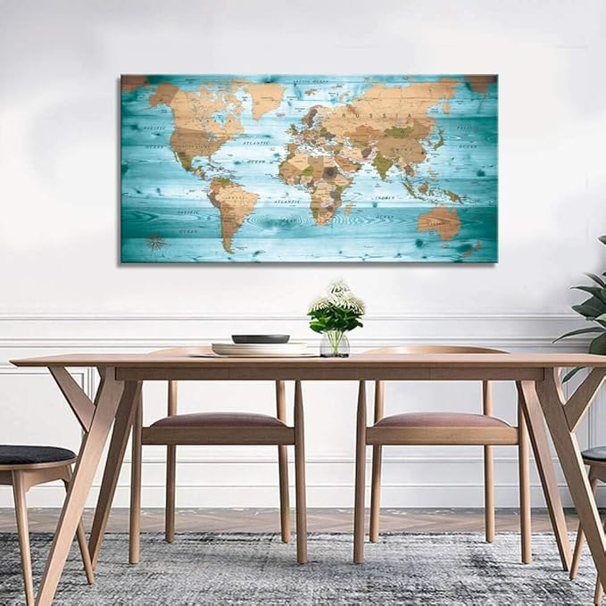 Large Wall Art Blue map of The World Painting Ready to Hang 24"x48"Large Framed Wall Art World Map Canvas Map Decorations Artwork Prints