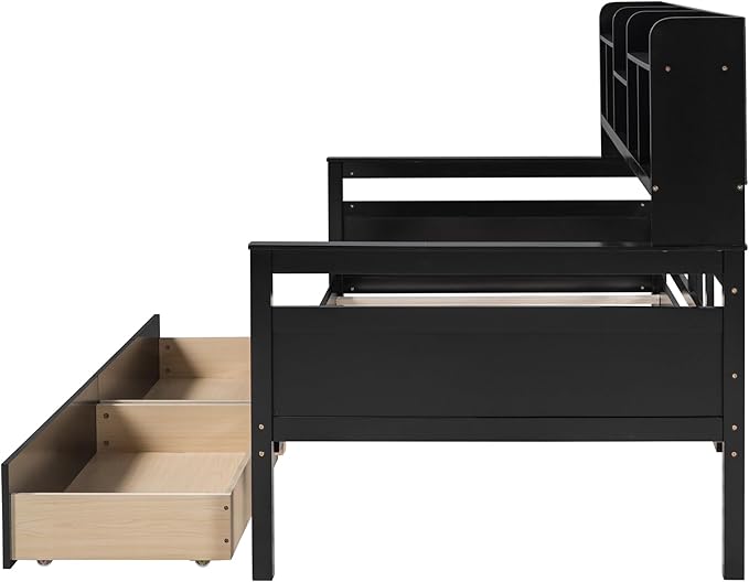 Harper & Bright Designs Twin Daybed with Storage, Wood Twin Size Bed Frame with Bookcase Headboard and 2 Drawers, Twin Sofa Bed with Shelves for Living Room Bedroom, No Box Spring Need, Espresso