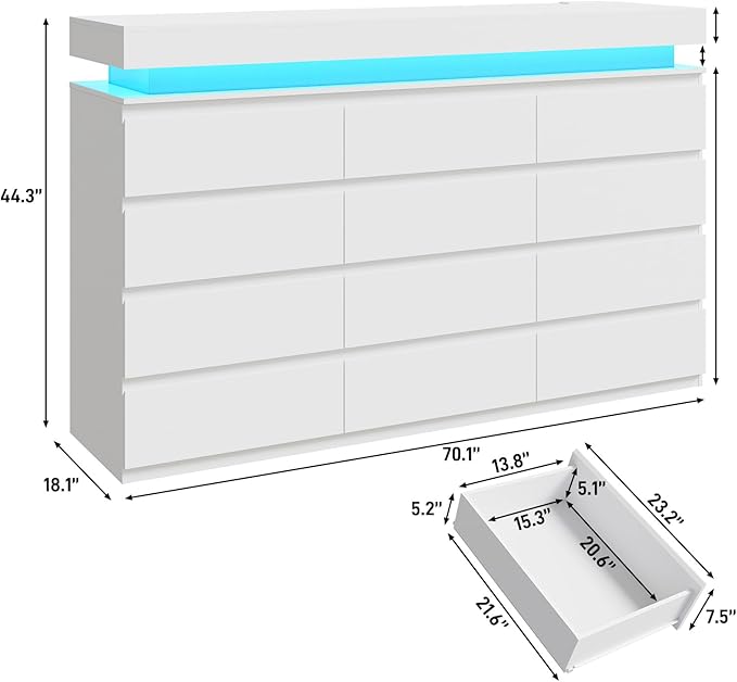 12 Drawer Dresser for Bedroom, 70" Wide 44" Tall Dresser with LED Light & Charging Station, Modern Chest of Drawers for Closet, Living Room, Entryway, Hallway (White, 12 Drawers)