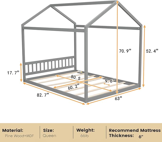 Bellemave Queen House Bed with Roof Wood Montessori Floor Beds for Kids Wood House Floor Bed Frame for Girls Boys Teens Adults, No Spring Box Needed, Gray