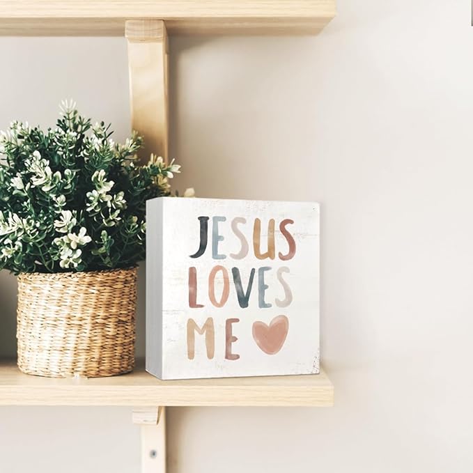 Boho Neutral Baby Girl Boy Nursery Decor - Jesus Loves Me Christian Wood Box Sign Desk Decor, Toddler Boy Girl Room Decor, Christian Desk Decor, Bible Verse Decor, 5x5