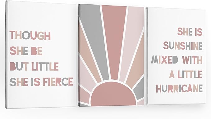 PHAMTE Nursery Boho Girls Bedroom Wall Art Decor Set of 3, She is Sunshine Mixed with a Little Hurricane Sunshine Sun Print Framed Canvas Painting Artwork for Room Bedroom Home Playroom 16x24in