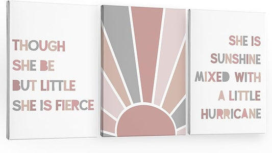 PHAMTE Nursery Boho Girls Bedroom Wall Art Decor Set of 3, She is Sunshine Mixed with a Little Hurricane Sunshine Sun Print Framed Canvas Painting Artwork for Room Bedroom Home Playroom 16x24in