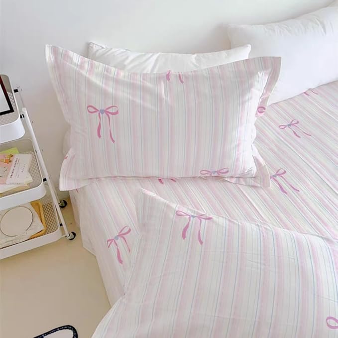 Pink Striped Duvet Cover Queen Size Bow Bedding Set 3 Pieces Kids Boys Girls Princess Style Bowknot Heart Pattern Stripe Reversible Coquette Soft Microfiber Duvet Cover Set with Zipper Closure