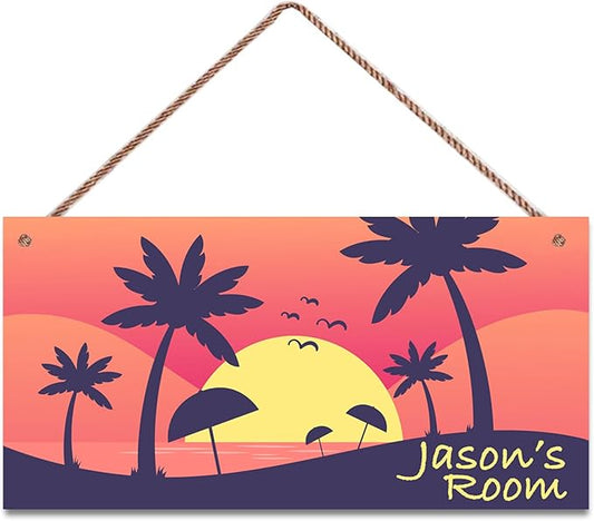 Personalized Signs Sunset Sign Ocean Island Wall Art Decoration Exquisite Decorative Signs Custom Name for Kids Room Wall Art Decor Coconut Tree Nursery Decor For Boys Bedroom