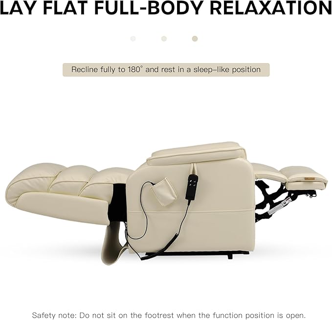 DYNOX 400 lbs Big & Tall Power Lift Recliner Chair for Elderly, Oversized Wide Dual Motor Lay Flat Infinite Positions Recliner with Heat and Massage(9298W,Faux Leather,Cream White)