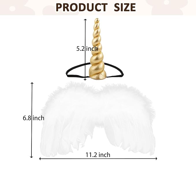 2PCS White Angel Wings With Gold Unicorn Headband For Newborn Infant Photography Props Soft Fairy Feather Wings For Toddlers Kids Girls Gifts(Color D, One Size)