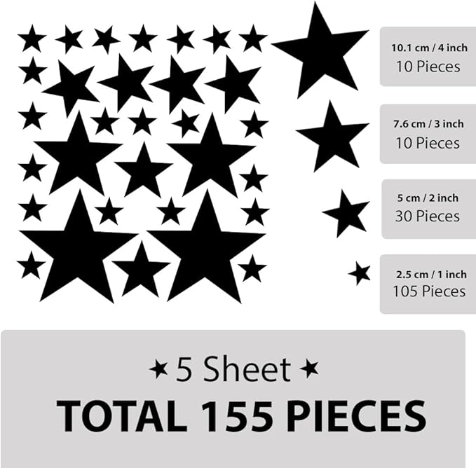 155 Pcs Black Star Wall Decals – Mix Sizes (1Inch-4Inch) Peel & Stick Vinyl Stickers for Kids Room, Nursery & Bedroom Décor