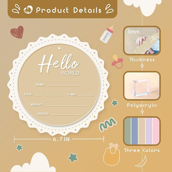 Baby Announcement Sign, 6.7 Inch Hello World Newborn Sign, Thickness Upgrade Birth Announcement Sign for Hospital, Nursery Baby Shower (Cream)