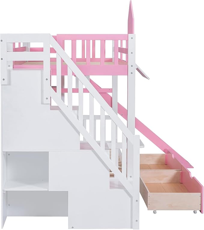 MERITLINE Twin Over Twin Castle Bunk Bed with Slide,Stairs and Drawers,Solid Wood Floor House Princess Bunk Bed with Storage Shelves (Pink)