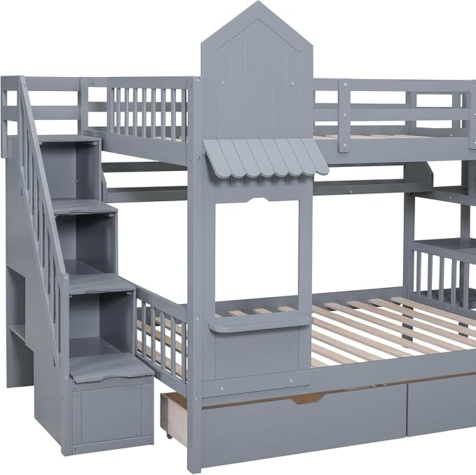 MERITLINE Full Over Full Castle Bunk Bed with Slide,Stairs and Drawers,Solid Wood Floor House Princess Bunk Bed with Storage Shelves (Grey,Full Over Full)
