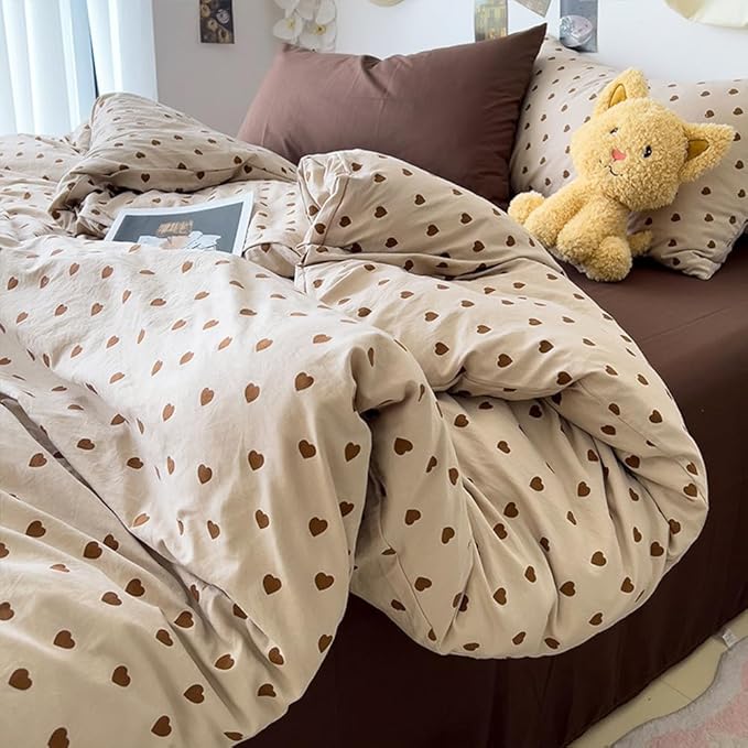Light Khaki Duvet Cover Full 3Pcs Chocolate Brown Love Heart Bedding Set Simple Fashion Love Heart Shaped Pattern Bedding Reversible Soft Microfiber Zipper Closure