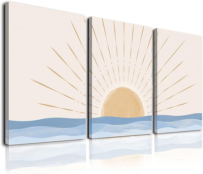Boho Wall Art Set of 3, Neutral Geometric Sun Rising on the Sea Minimalist Art Framed Canvas Prints Artwork, Mid Century Modern Boho Sun Wall Art Decor for Bathroom, Bedroom, Living Room, Office