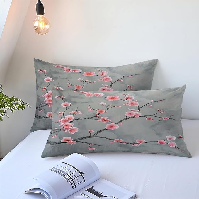 Grey Pink Cherry Blossom Duvet Cover Full Size Japanese Cherry Blossoms Duvet Cover Set Vintage Floral Bedding Set Soft Microfiber Comforter Cover(2 Pillowcases, No Comforter)