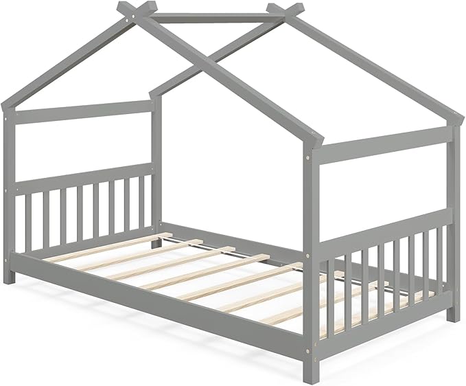 Giantex House Bed Twin, Solid Wood Kids House Bed with Roof, Headboard and Footboard, Low Floor Twin Bed Frame for Toddlers Teens Girls Boys, No Box Spring Needed, Grey