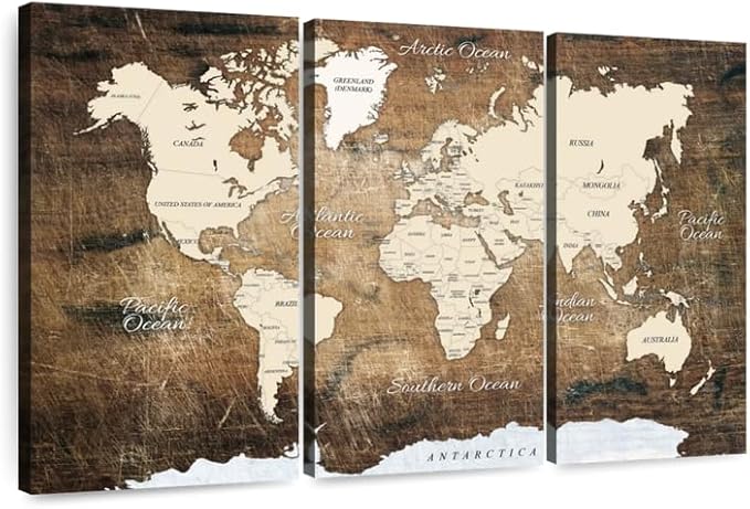 ElephantStock Aged Brown World Map I Wall Art - 3 Piece Canvas World Map Wall Decor - Ready-to-Hang Canvas Print - Vintage Wall Art - 57" X 36"