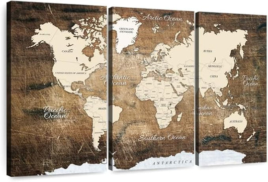 ElephantStock Aged Brown World Map I Wall Art - 3 Piece Canvas World Map Wall Decor - Ready-to-Hang Canvas Print - Vintage Wall Art - 50" X 32"