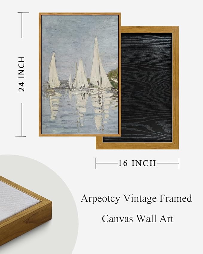ARPEOTCY Vintage Framed Canvas Wall Art, 16x24inch, Farmhouse Sailboat Large Wall Decor, Nautical Lake Art Prints Home Decorations, Seascape Hanging Paintings for Living Room Bedroom Office Decor