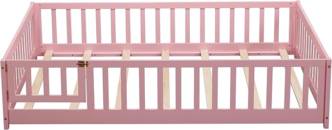 Full Size Montessori Floor Bed Frame with Convertible Door for Girls & Boys,Wood Montessori Bed w/Safety Guardrails & Wood Slats for Kids,Pink