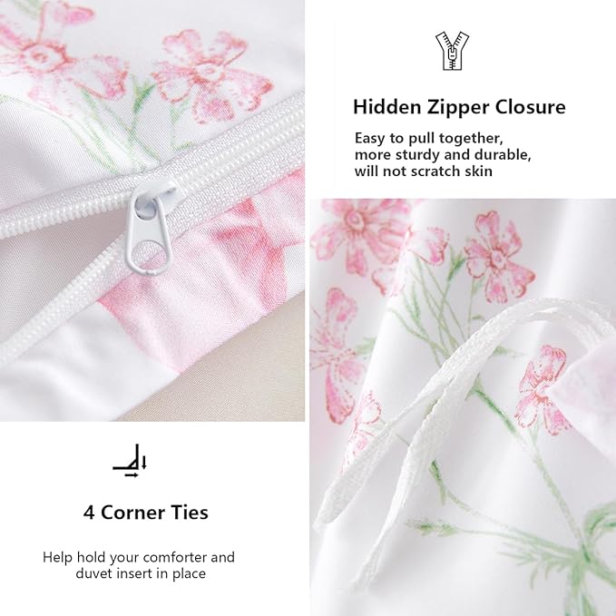 Duvet Cover Full 3Pcs Pink Floral Bow Bedding Set for Girls Kids, Romantic Princess Style Bowknot Bedding, Ultra Soft Reversible Garden Flower Duvet Cover Set(2 Pillowcases,No Comforter)