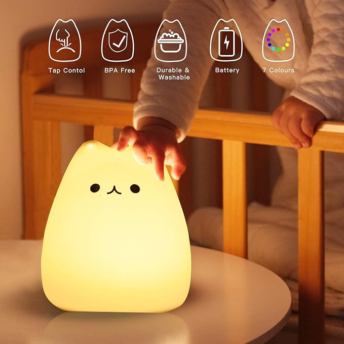 ZKLiLi Remote Cat Night Light, Cute Nursery Lights USB Rechargeable Cat Lamp Nightlight Birthday Christmas Gift with Warm White and 7-Color Breathing Modes for Kids Baby Children (Remote Control)