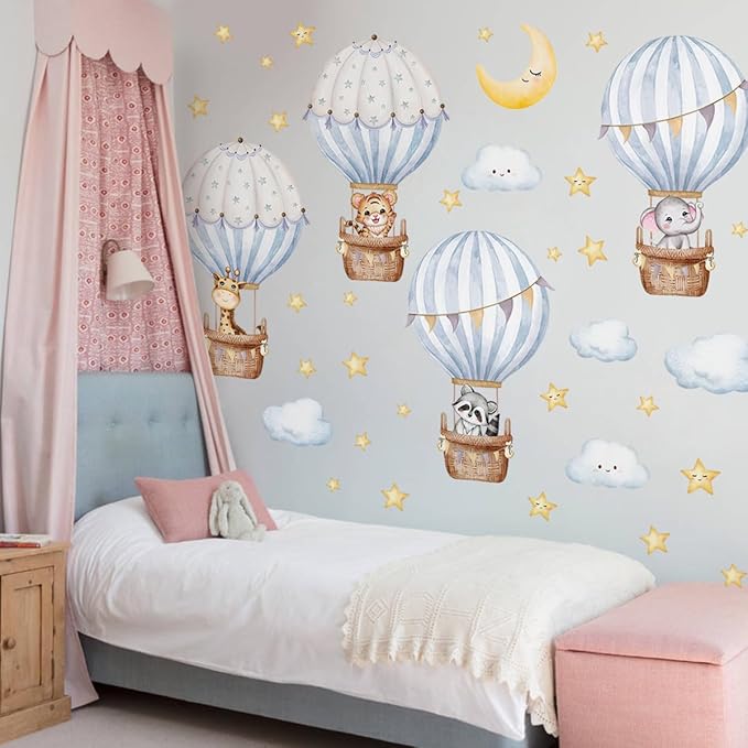 Hot Air Balloon Wall Decal，Animals Hot Air Balloon Wall Decals，Balloons Elephant Wall Stickers，White Cloud Wall Decoration Baby Nursery Girls Bedroom Toddler Room Wall Decor