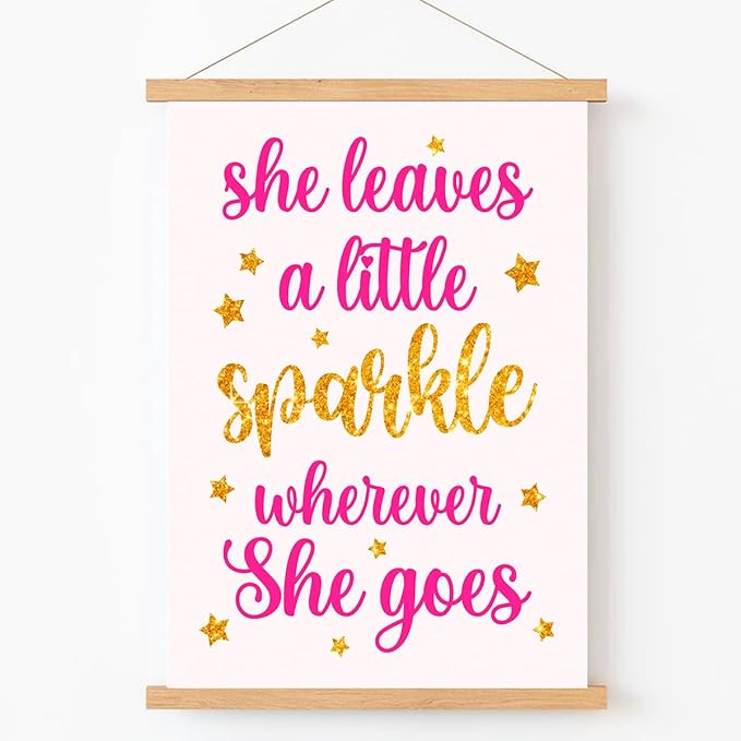 Qswo Inspirational Quotes Wall Decor for Women,She Leaves A Little Sparkle Wherever She Goes Wall Art Poster Hanger Frame,Motivational Hanging Canvas Wall Decor for Girl Room Dorm Home Office