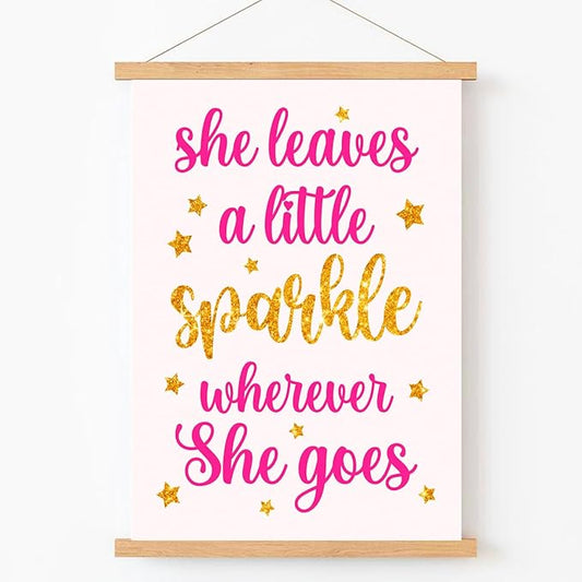 Qswo Inspirational Quotes Wall Decor for Women,She Leaves A Little Sparkle Wherever She Goes Wall Art Poster Hanger Frame,Motivational Hanging Canvas Wall Decor for Girl Room Dorm Home Office
