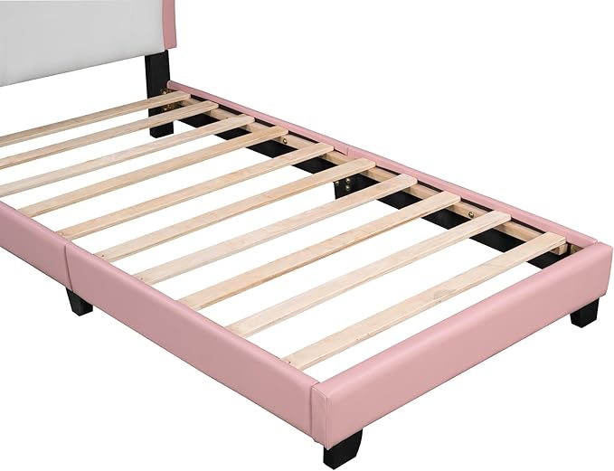 Twin Size Princess Bed Frame with Crown Shaped Headboard for Kids,Upholstered Platform Bed with Slats Support,Twin Girls Bed,Twin Bed for Girls Teens,Pink