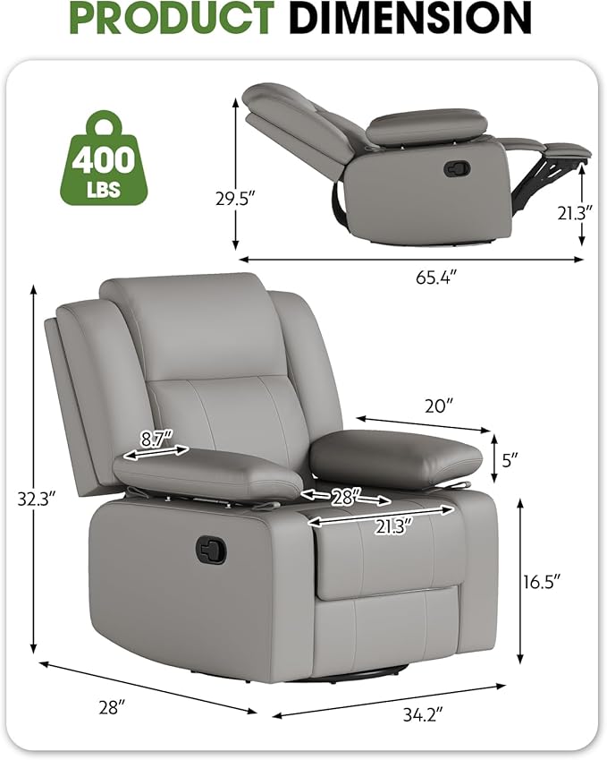 AILEEKISS Rocking Chair Nursery Swivel Recliner Glider Chair with Adjustable Armrests,Headrest Rocker Nursing Chair for Breastfeeding Comfy Upholstered Living Room Reclining Chairs for Bedroom(Grey)