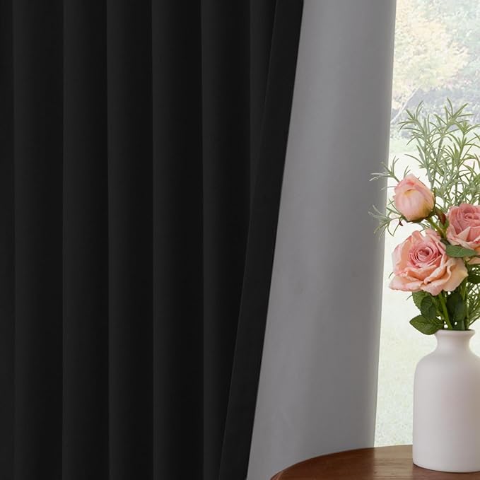 INOVADAY 100% Blackout Curtains for Bedroom, Black Out Curtains 108 Inch Long, Clip Rings Linen Blackout Drapes, Thermal Insulated Room Darkening for Living Room, 2 Panels - Black,W50xL108
