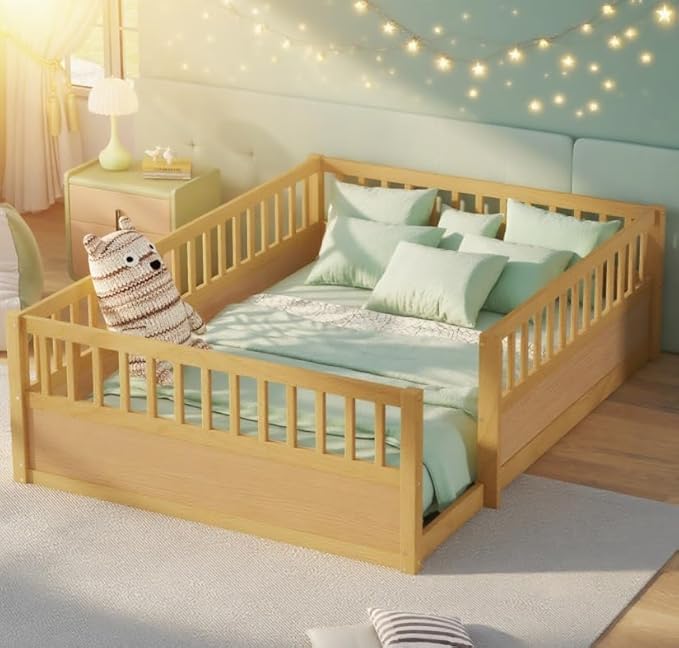 Bellemave Full Floor Bed with high Rails for Kids, Girls, Boys, Wood Montessori Floor Bed Without Door, Natural