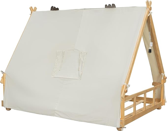 Montessori Floor Bed Full with Tent & Light, Wood Full House Beds for Kids, DIY Playhouse, Low-Profile Teepee Bed, Playful Indoor Adventure & Sleep for Girls Boys,Natural+White