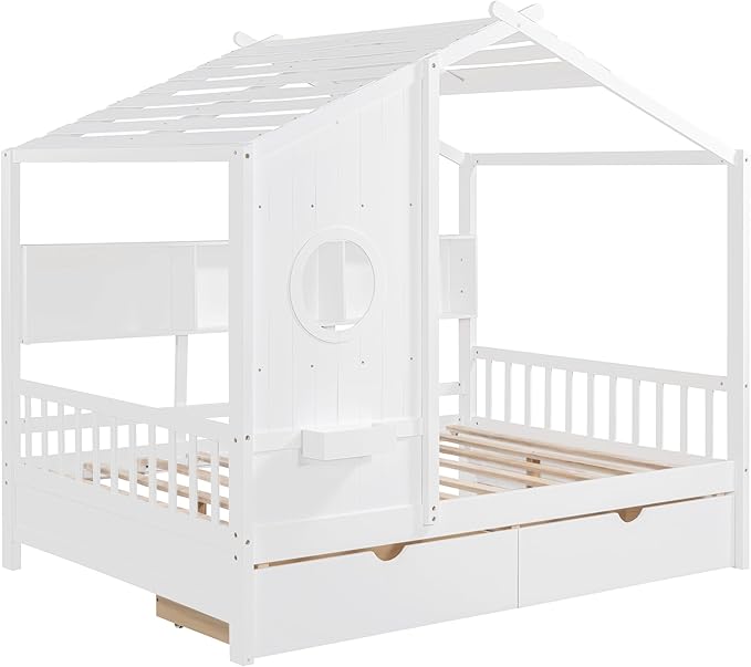 Full Size Wooden House Bed with 2 Drawers, Modern Design Kids Bed Frame with Storage Shelf for Kids Teens Adults, Wood Slat Support, No Box Spring Needed, Easy Assembly (White)