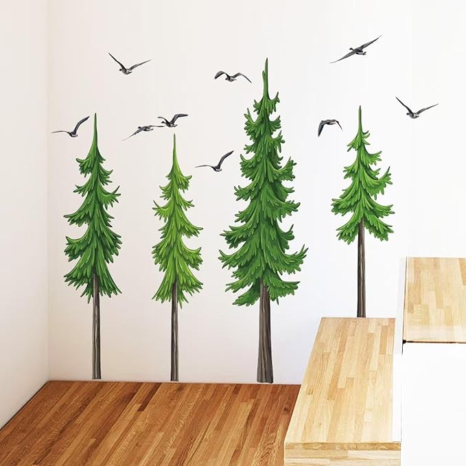 Watercolor Pine Tree Wall Stickers Christmas Woodland Wall Decals Large Peel and Stick Forest Wall Sticker Woodland Branch Birds Wall Decor for Nursery Bedroom Living Room