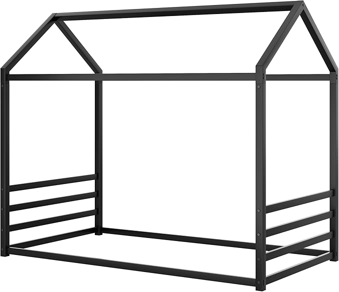 Harper & Bright Designs Twin Size Floor Bed Frame for Kids, House Bed with Roof and Guardrail, Metal Montessroi Floor Bed for Boys Girls, Easy Assemble, No Slats,Black